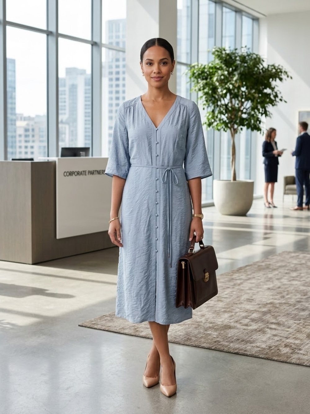 Joie Light Blue V-Neck faux Button-Front Midi Dress Tie Waist pockets medium